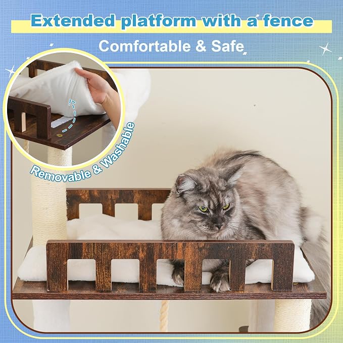 Hey-brother Wooden Cat Tree, Furniture Tower with Large Platforms, MPJ121SR | 69.7 inch, Modern Full Sisal Scratching Posts, Hammocks, Spacious Condo, Ladder, Brush, Water Proof Surface, Rustic Brown