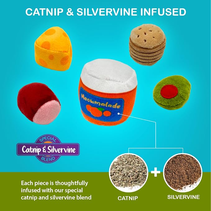 Pounce & Purr Charcuterie Cat Toy Set with Catnip & Silvervine 6-Piece Plush Cat Toys for Indoor Cats, Kitten Chew Toy, Kicker & Unique Cat Gift - Cheese Board Playset