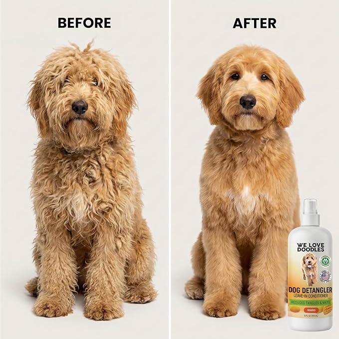 Dog Shampoo & Dog Detangler Spray, Tearless, Dog Bath Supplies, Mango 16 oz | Best Shampoo, Detangling & Dematting Spray for Dogs, For Sensitive Itchy Skin, Tangle Remover, Goldendoodle, Poodle & Doodle