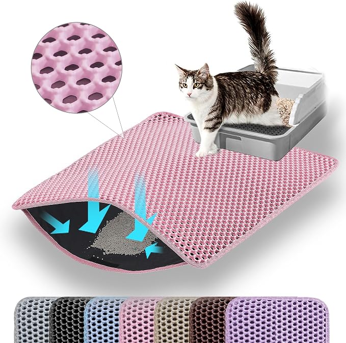 Cat Litter Mat, Double Layer Honeycomb Litter Box Mat | 24x18”, Efficient Litter Trapping, Easy to Clean, Waterproof, Non-Slip, Soft on Paws, Scratch Resistant, Pink, Large