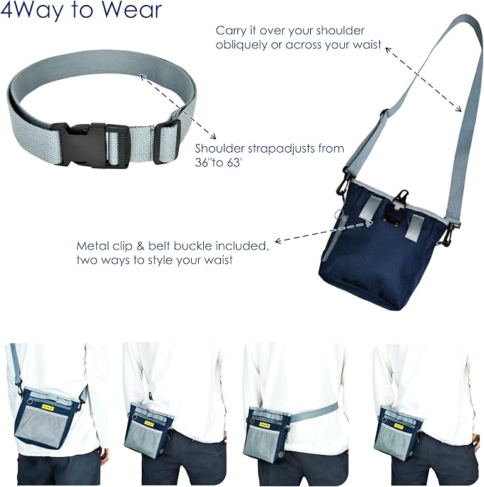 Raisingwell Dog Treat Pouch with Magnetic Closure 4-Cup Silicone Bag Fanny Pack Holder with Clicker 4 Ways to Wear Front Pocket Fits All Phones Ideal for Leash, Pet Walking and Training（Blue）