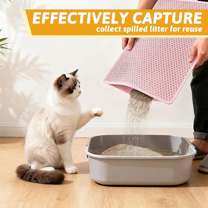 Pieviev Cat Litter Mat, Double-Layer Waterproof Litter Trap, 24" x 15" Pink | Honeycomb Design Catches Scattered Particles to Stop Tracking, Urineproof Base Protects Floors, Easy to Clean