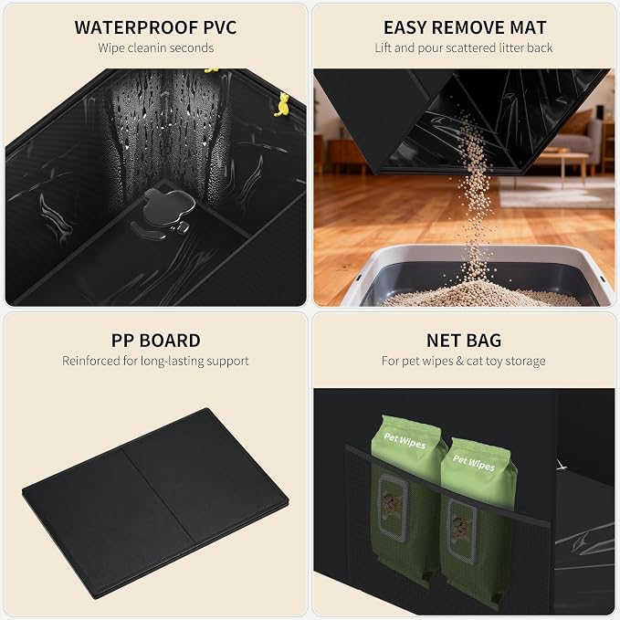 Aokeyee Black High Side Cat Litter Box Enclosure Splash Guard | All-Inclusive Waterproof, 27.16x21.65x16.53, Foldable Anti-Leakage Dust Control
