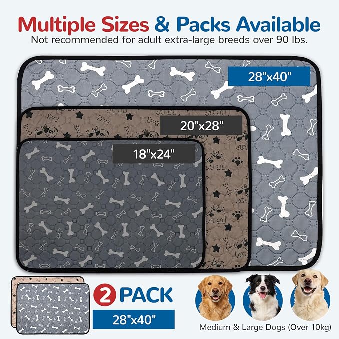 BAEJMJK Washable Dog Pee Pads, Reusable Dog Crate Mats Puppy Training Pads, 4-Layer Super Absorbent Waterproof Non-Slip Leak-Proof Ideal for Potty, Playpen & Travel(28"x40",Coffee & Gray 2-Pack)
