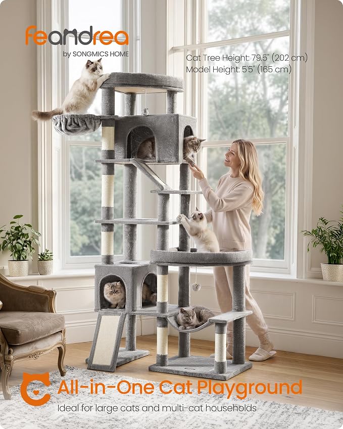 Feandrea Multi-Level Cat Tree for Large Cats, 79.5 inch Tall Cat Tower with 6 Resting Areas and Sisal Scratching Posts, 41.3 x 17.7 x 79.5 inch, Dove Gray Clawfy Collection UPCT020G101