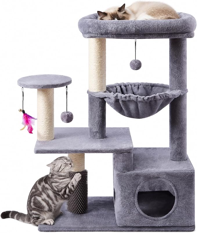 Multi-Level Cat Tree for Indoor Cats, Cat Tree Tower with Big Cat Hammock, Indoor Climbing Activity Tower with Scratching Posts, Grey