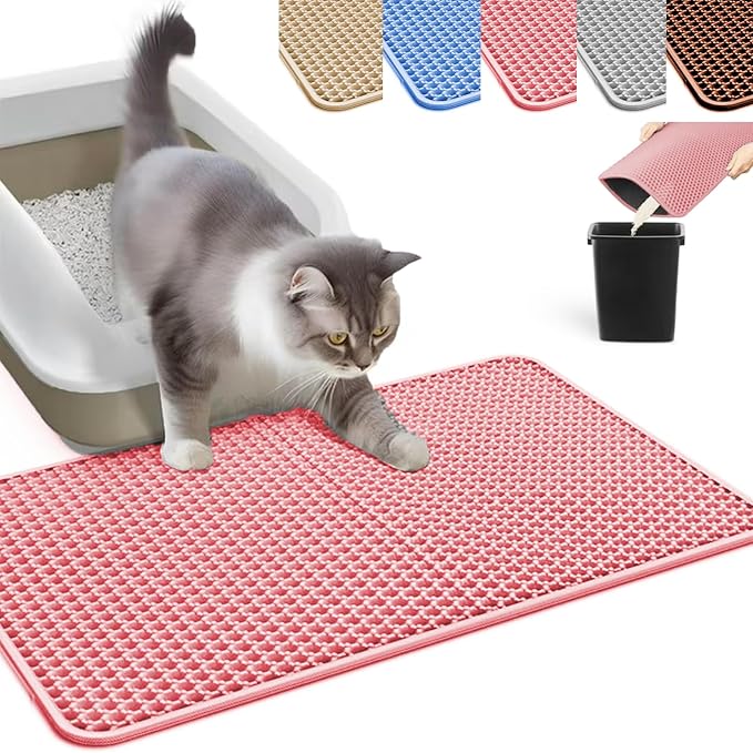 HCY&WLD Cat Litter Mat, Honeycomb Double Layer Litter Trapping Mat | Safe Materials, Soft on Paws, Waterproof Urine Proof Non-Slip, Protects Floors, Less Waste, Easy to Clean, Pink, 45" x 26"