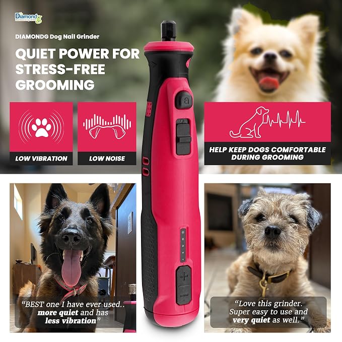 Diamondg Cordless Dog Nail Grinder - Quiet Sound with LED Light, Pink | 5-Speed Rechargeable Pet Nail Trimmer for Small & Large Dogs, USB-C Charging, 4hrs. Runtime, Painless Dog Nail Grinding Kit
