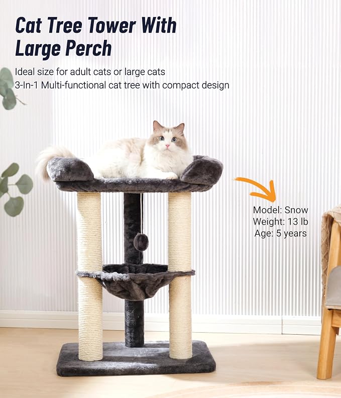 Happi N Pets 28" Cat Tree, Large Bed for Big Cats, Small Cat Tower with Soft Perch for Window Viewing, Stable Cat Tree Tower, Cat Scratching Post with Hammock, Removable Cover-Gray