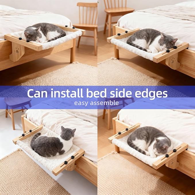 ESPETS Wooden Cat Window Hammock for Large Cats, White Kitten Window Perch | Solid Wood Window Ledge Perch, Sturdy Large Size Shelves, Soft Thick Removable Cushion, Easy Assemble Adjustable, Hold 50LBS