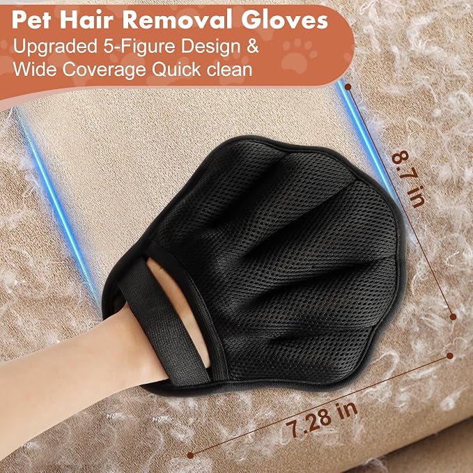 Pet Hair Removal Glove, Electrostatic Pet Hair Remover Glove for Cats & Dogs, Pet Hair Remover Tool for Laundry, Couch, Carpet, Car Seat - Upgraded Five-Finger, Reusable, Black+Black