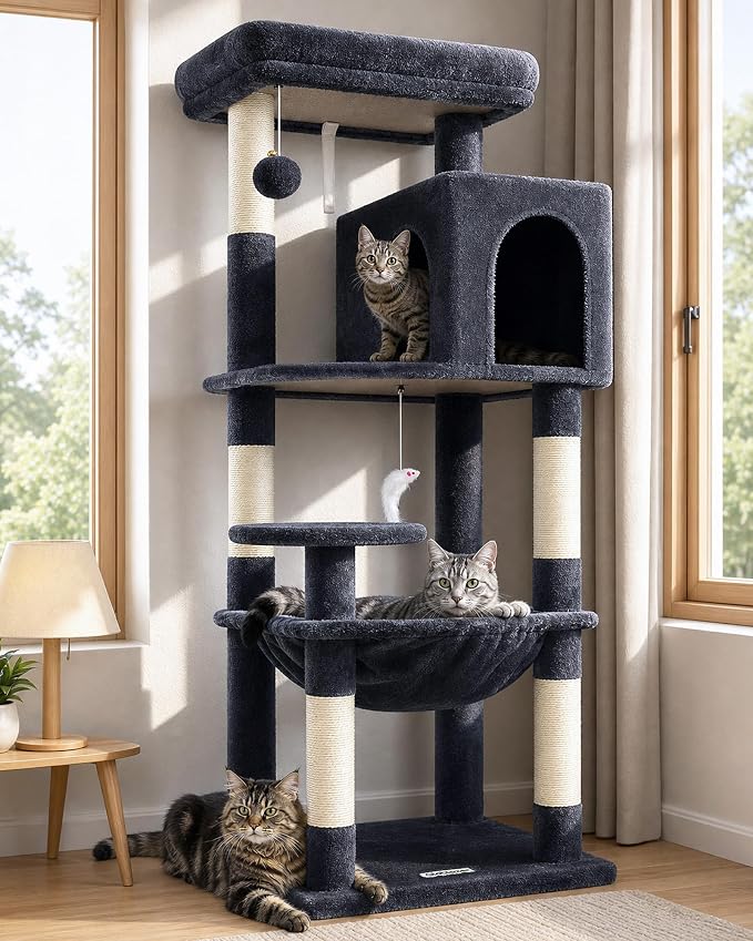 Globlazer Cat Tree Tower with Scratching Post for Indoor Cats, 53inch Tall Plush Multi-Level Cat Climbing Tower Condo House with Large Hammock, Spacious Cat Condo, Big Padded Top Perch, F53, Dark Gray