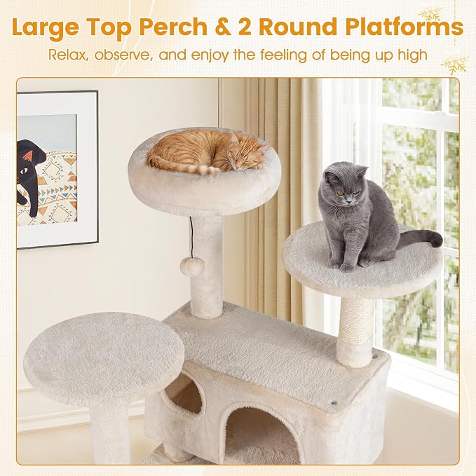 52-inch Cat Tree, Multi-Level Cat Tower with Sisal Scratching Posts, 2 Comfy Condos, Plush Padded Soft Top Perch, Dangling Balls, and Climbing Ladder, Ideal for Indoor Cats (Beige)