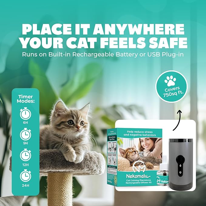 Rechargeable Cat Calming Pheromone Diffuser Kit, 60 Day Supply, No Burning Smell, Helps Reduce Stress, Scratching & Spraying