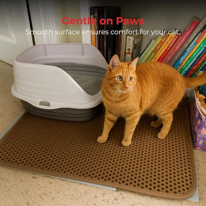 iPrimio Cat Litter Trapper Mat, Waterproof, Double Layer, 23" x 21", Brown | Double layer honeycomb traps scattered litter while the waterproof base blocks urine. Soft on paws and empties in one pour.