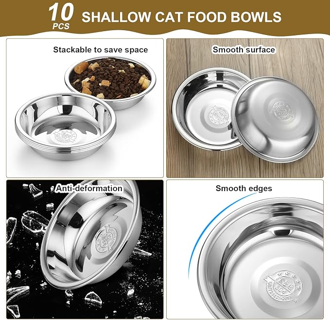 Mimorou 10 Pcs Stainless Steel Cat Bowls Bulk, Small Dog Shallow Food Bowls Replacement Metal Cat Dishes for Pet Food and Water, Dishwasher Safe(5.5 Inch Diameter)