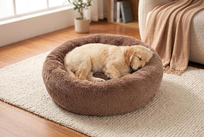 SAVFOX 23 inches Calming Donut Dog Bed - 3X Durable Plush Faux Fur, Machine Washable & Non-Slip, Fits up to 25 lbs, Brown
