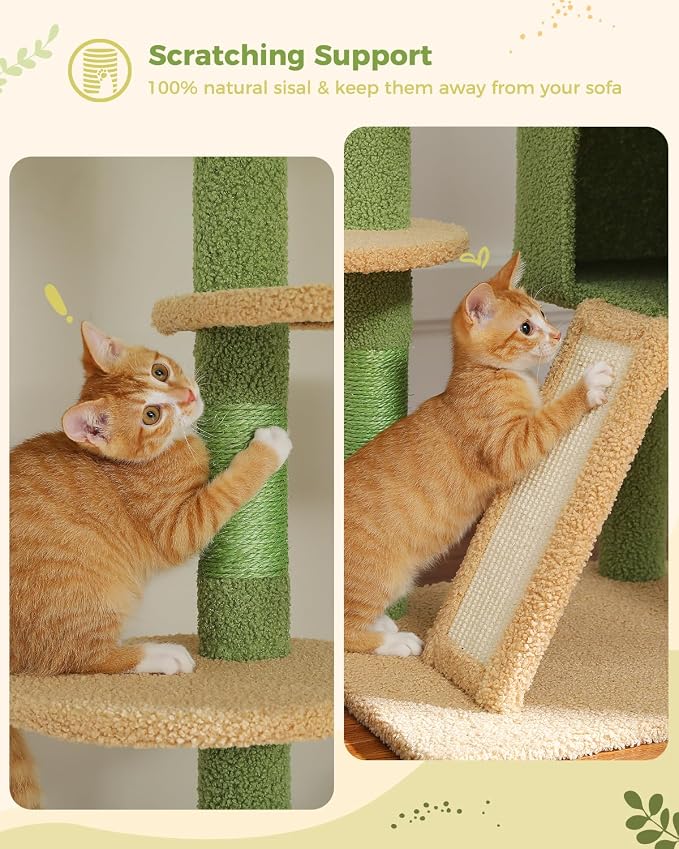 PEQULTI Floor to Ceiling Cat Tree Tower, Height Adjustable 230-252cm, Green | Cactus climbing pole for large cats with cat condo, hammock & sisal scratching posts; measure ceiling, fits 230-252cm