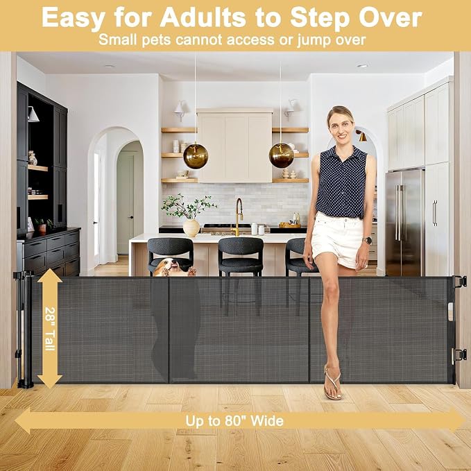 Reinforced 28" Tall Dog Gate 80" Wide Retractable Baby Gate, Easy Step Over Pet Gate Indoor Outdoor Retractable Gate with Support Rods, Short Baby Gate Stair Gate, Puppy Gates for The House, Black