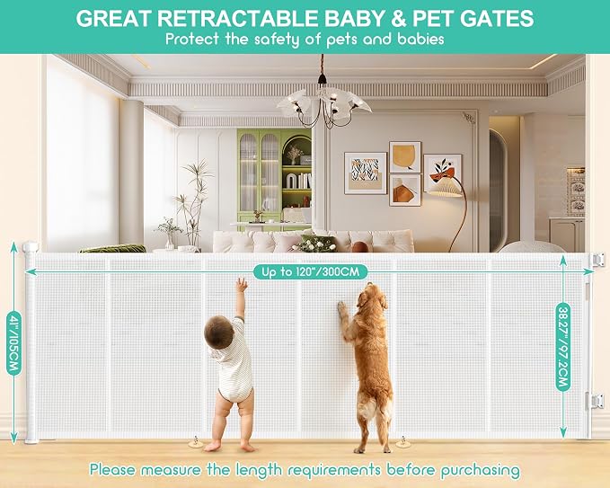 120 Inch Retractable Baby Gates Extra Wide, 41 Inch Reinforced Extra Tall Gate for Large Openings, Mesh Safety Gate for Kids Pets, Retractable Dog Gate for Stair Hallways Doorway Indoor Outdoor, Black