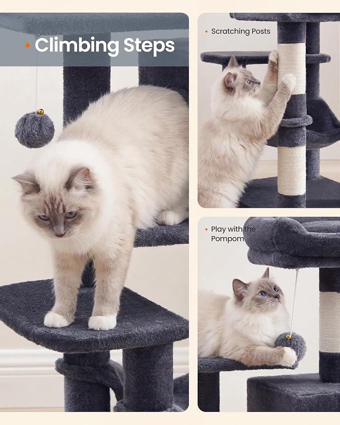 SONGMICS HOME Cat Tree for Indoor Cats, Multi-Level Tower Condo with Sisal Scratching Posts, Hammock and Condo, Dark Gray