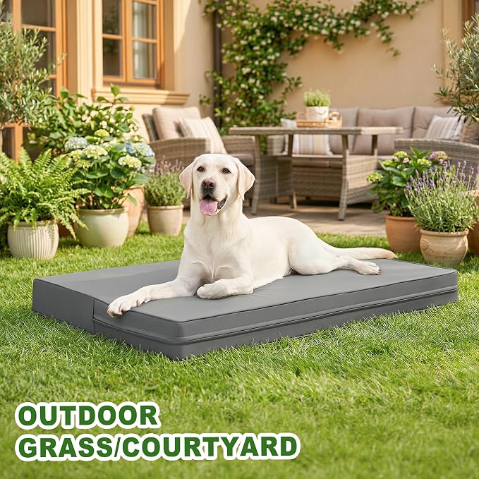 Vonabem Outdoor Waterproof Dog Bed Washable, Extra Large Crate Pad 42 inch, Wipeable Leather XL Pet beds with Removable Cover, Foam Orthopedic Anti-Slip Kennel Pads Reversible, 41"x27" Grey