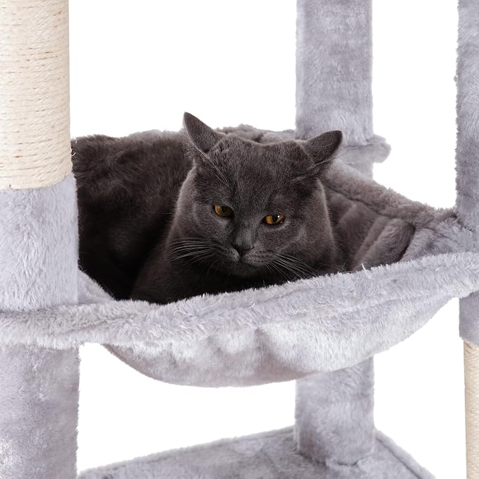 Heybly Cat Tree for Large Cats 20 lbs, 69 inches Cat Tower HCT031W | Heavy Duty Cat Condo for Indoor Cats, Multi-Level Furniture with Big Padded Plush Perch, Cozy Basket, Light Gray