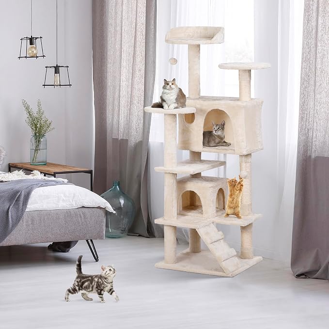 ZENY 55 inches Cat Tree with Sisal-Covered Scratching Posts and 2 Plush Rooms Cat Furniture for Kittens