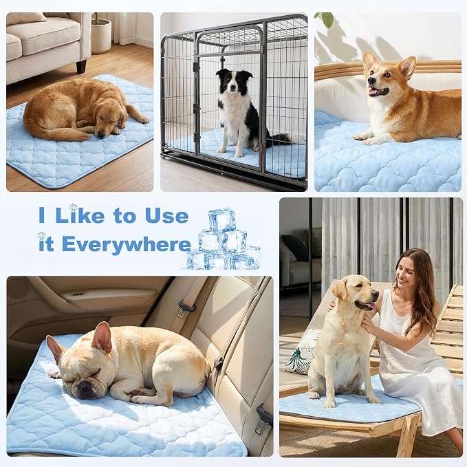 ZOMISIA Cooling Mat for Large Dogs, Q-Max>0.5 Thin Breathable Cold Crate Pad for Pet, Portable Washable Kennel Bed for Summer Active Dog with Chill Cool Soothing Fabric to Rapid Cooling, 35x22, Blue