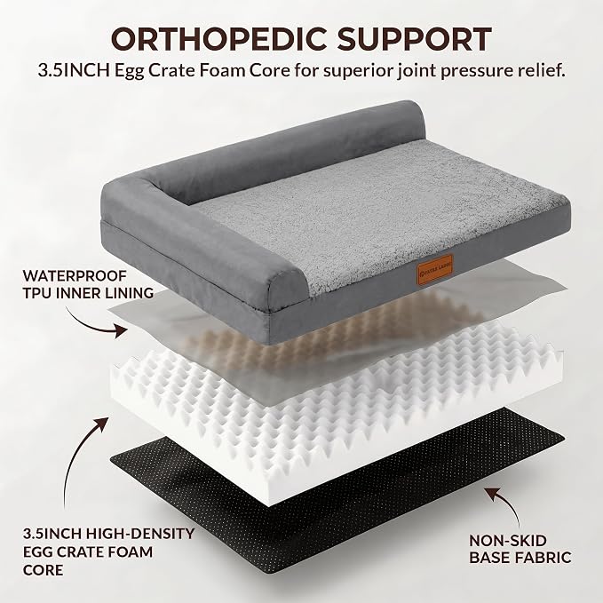 Patas Lague Orthopedic Large Dog Bed Washable Pet Sofa Bed 56''X40''Grey | 2-Sided Bolster Egg-Crate Foam Dog Couch Large Sized Dogs, Waterproof Removable Washable Cover, Nonskid Bottom Pet Crate Mat