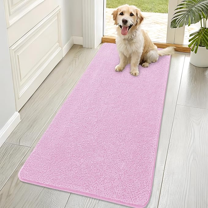 OLANLY Dog Door Mat for Muddy Paws 70x32, Super Absorbent Chenille Mud Mat | Pink, Absorbs Moisture and Dirt, Non-Slip Machine Washable Doormat, Quick-Drying Indoor Entryway Floor Carpet for Dogs