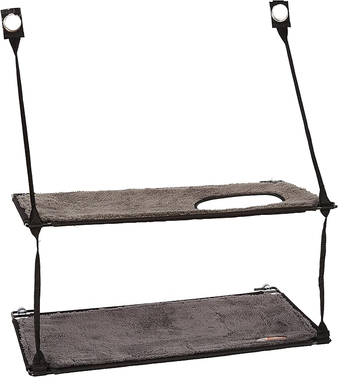 K&H Cat Window Perch, EZ Mount Double Stack Kitty Sill For Large Cats, Gray | Sturdy Cat Window Hammock Bed, Fits 27in Wx31in H Glass Spaces, Steel Frame & Suction Cups, 2 Washable Shelf Covers, Foldable