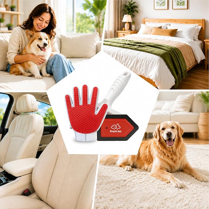 Pet Hair Removal for Home & Car 3-in-1 – Reusable Dog & Cat Removal Kit with Pet Tool, Glove, Mini Detail Cleaning & Furniture Hair Remover for Couch, Upholstery & Car Seats (Red, Combo 3-in-1)