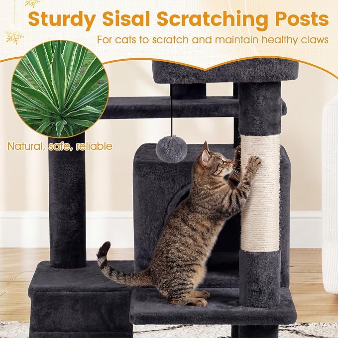52-inch Cat Tree, Multi-Level Cat Tower with Sisal Scratching Posts, 2 Comfy Condos, Plush Padded Soft Top Perch, Dangling Balls, and Climbing Ladder, Ideal for Indoor Cats (Dark Grey)