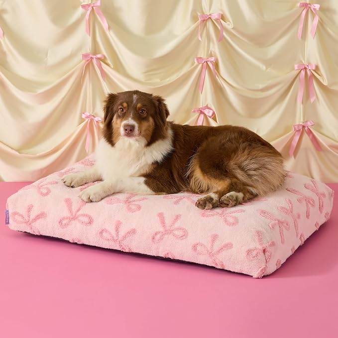 LE SURE Large Dog Beds-Thick Shredded Chopped Foam Pet Bed as Gift for Indoor with Removable Cover, Cute Modern Fuzzy Plush & Anti Slip Bottom,Bow Pink