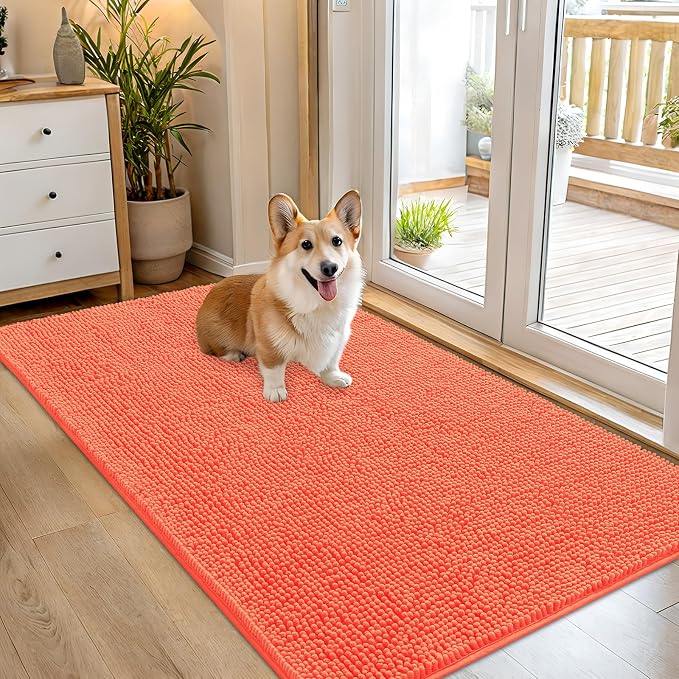 OLANLY Dog Door Mat for Muddy Paws 54x32, Super Absorbent Chenille Mud Mat | Coral, Absorbs Moisture and Dirt, Non-Slip Machine Washable Doormat, Quick-Drying Indoor Entryway Floor Carpet for Dogs