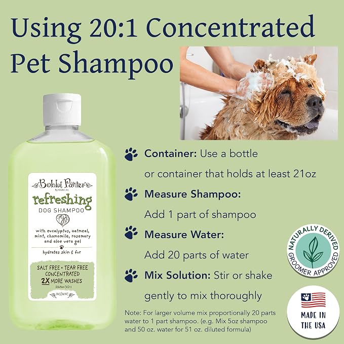 Bobbi Panter Refreshing Dog Shampoo Eucalyptus, Mint, Chamomile & Rosemary – Hydrating Natural Formula for Clean Fresh Coat, Tear-Free, 30:1 Concentrate, Made in USA, 14 oz