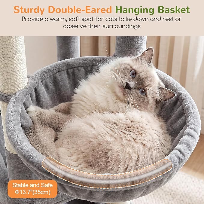 Globlazer Sturdy Cat Tower for Indoor Cats 20lbs, 76in, S76E, Light Grey | Heavy Duty Cat Tree for Adult Big Cats Maine Coon with Scratching Post, 2 Extra Large Top Perch, 2 Padded Cat Condos