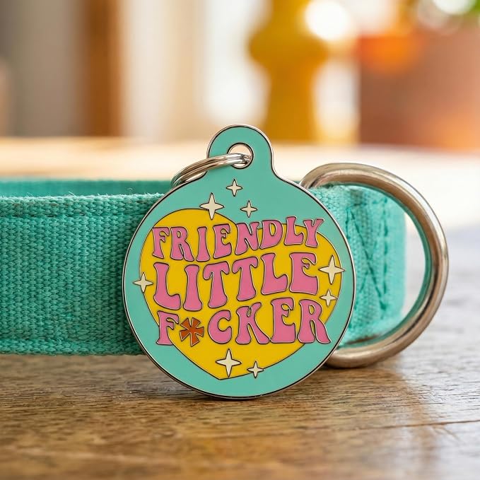 Bad Tags Personalized Dog and Cat ID Tags in 25+ Designs and 2 Sizes - 5 Lines of Custom Engraved Text - Funny Cute Personalized Pet Tags (Friendly Little F*cker, Large (1.25 inch))