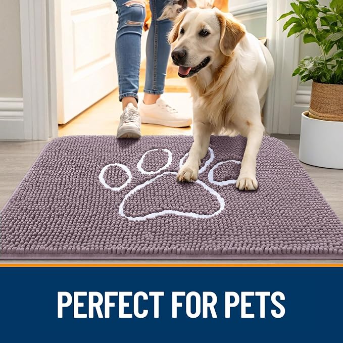 OLANLY Dog Door Mat for Muddy Paws 36x24, Paw Print Design Chenille Mud Mat | Deep Plum, Absorbent, Traps Moisture and Dirt, Non-Slip Washable Doormat, Quick-Drying Indoor Entryway Floor Carpet for Dogs