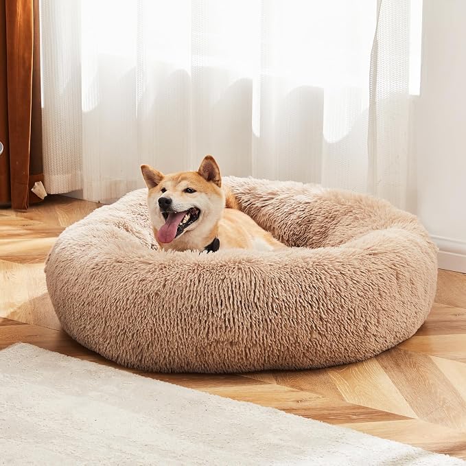 DUMOS Donut Dog Beds for Large Dogs, 37.4x37.4 in Machine Washable Cuddler Warming Cozy Fluffy Faux Fur Plush Round Pet Bed, Anti-Slip Bed for Indoor Dogs and Cats, Brown