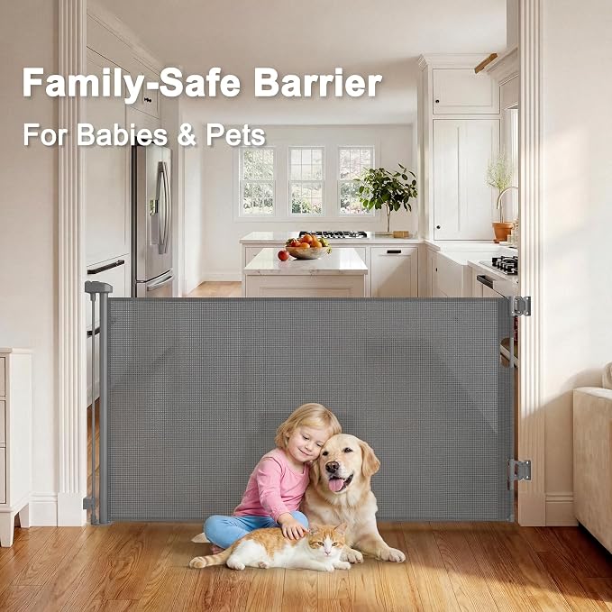 Retractable Dog Gate for Doorways, Indoor/Outdoor Safety Mesh Baby Gates for Stairs, 33" Tall Expands Up To 60" Width, Space-Saving&One Handed Operation Puertas Para Bebes for Hallways, Decks, Porches
