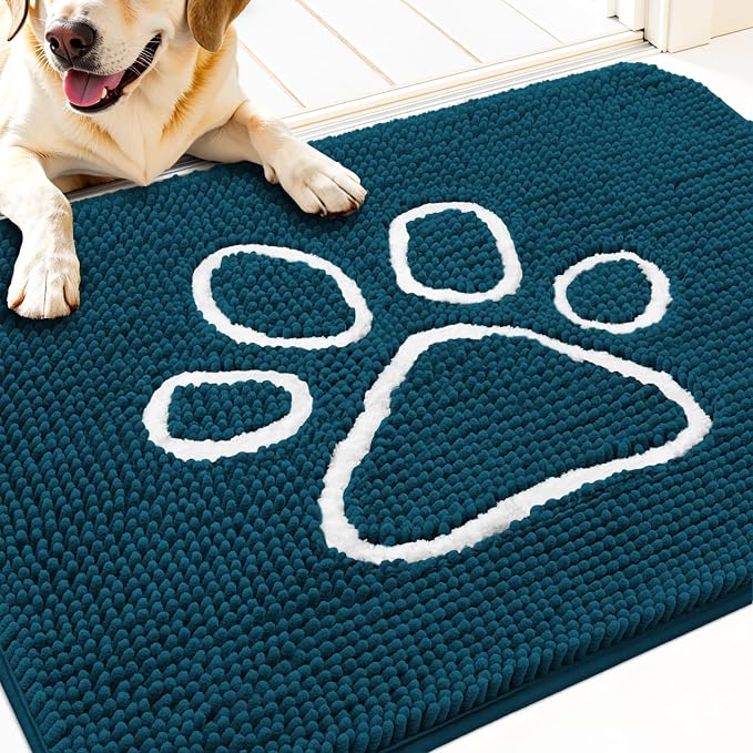 OLANLY Dog Door Mat for Muddy Paws 32x20, Paw Print Design Chenille Mud Mat | Atlantic Blue, Absorbent, Traps Moisture and Dirt, Non-Slip Washable Doormat, Quick-Dry Indoor Entryway Floor Carpet for Dogs