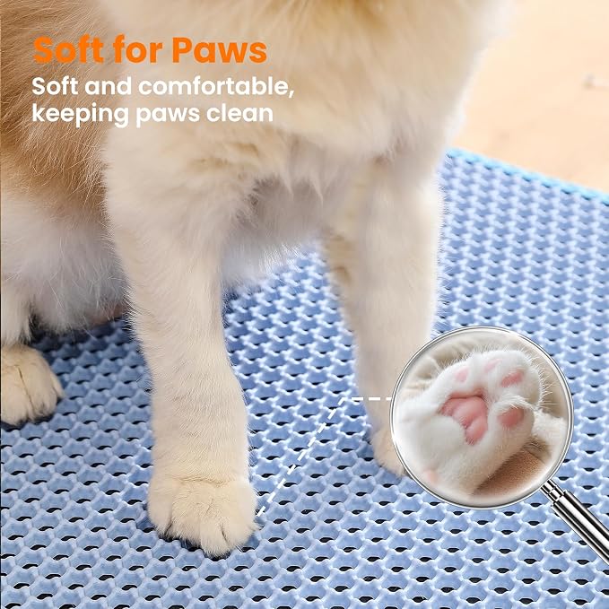 Extra Large Cat Litter Mat, Double Layer Honeycomb Design, Blue | 30x22”, Reduces Litter Tracking, Easy to Clean, Waterproof, Non-Slip, Soft on Paws, Scratch Resistant, Blue, XL