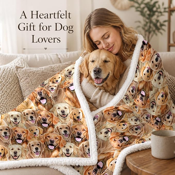 BlessLiving Golden Retriever Throw Blanket with Dense Dog Patterns Sherpa Fleece Blanket Couch Bed, Soft Cozy Warm Pet Blankets for Puppy Lovers Cute Animal Print Gift 50x60 Inches