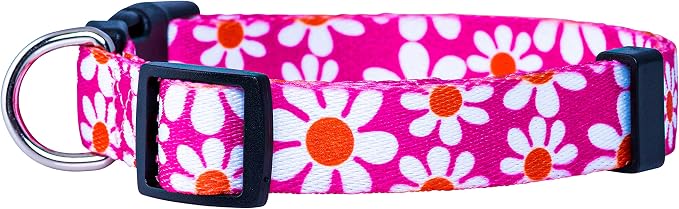 Native Pup Flower Dog Collar, Adjustable Small Medium Large, Cute Girl Female Summer Spring Pretty Designer Puppy Essentials Accessories, Pink Floral Blue Daisy Rose (Large, Pink Daisy)