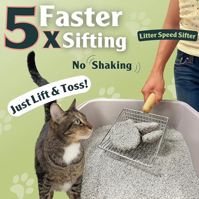 Sprinkle & Sweep: Litter Box Deodorizer Duo - 8oz Bag & Speed Sifter - Cat-Kitten Home Odor Neutralizer, Ultra-Absorbent Formula, Wood Handle Scooper