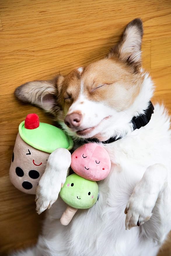 Pearhead Boba Tea and Mochi Plush Dog Toys, Novelty Fun Pet Toy Set, Durable Stuffed Toy for Interactive Play, Bubble Tea Themed Pet Supplies, Set of 3 Toys