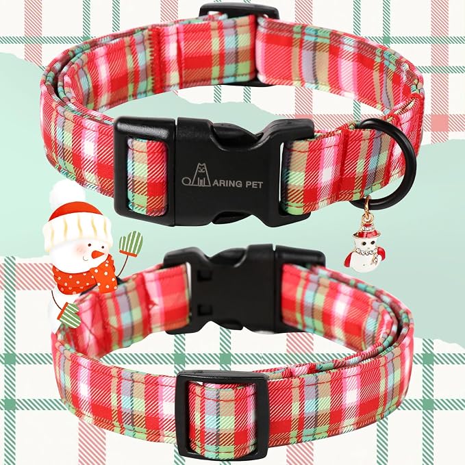 ARING PET Christmas Dog Collar-Cute Red Green Plaid Adjustable Xmas Snowman Pet Collars with Quick Release Buckle for Puppy Small Medium Large Girl&Boy Dogs-XS