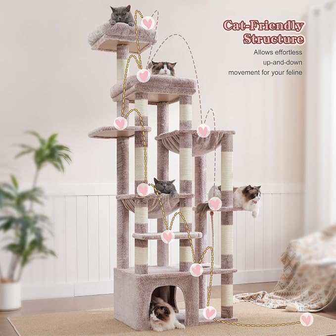Heybly Cat Tree, 71-Inch Tall Cat Tower for Large Maine Coon Cats HCT037MU | Cat Condo Furniture with Extra-Large Baseboard, Multi-Level Platforms, 2 Hammocks and 12 Scratching Posts, Rosy Brown